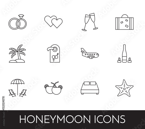 Set of thin line icons with honeymoon symbols Wedding trip