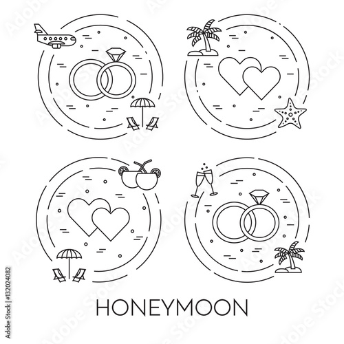 Set of honeymoon banners with wedding elements Line art