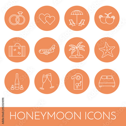 Set of thin line icons with honeymoon symbols Wedding trip