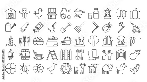 Farm icons set on white background. Harvest, dairy products, animals and gardening tools.