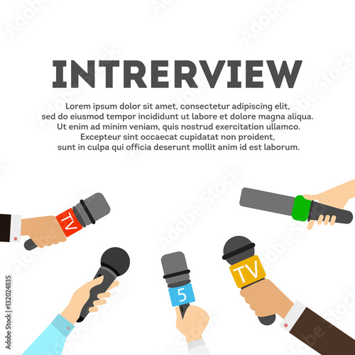 Interview concept with microphones on white background. Newsmakers and interviewers. Different tv signs.