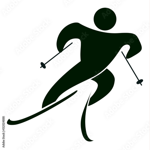 Isolated ski icon on white. Black figure of an athlet on white background. Person with sticks and ski.