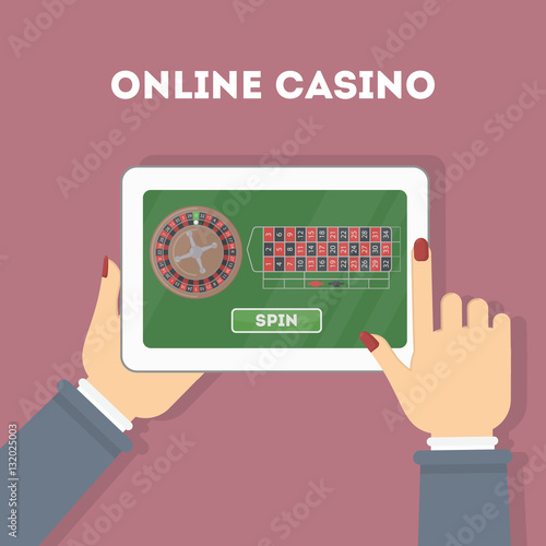 Online casino in the tablet. Hands holding device with gambling game. Gaming addiction.