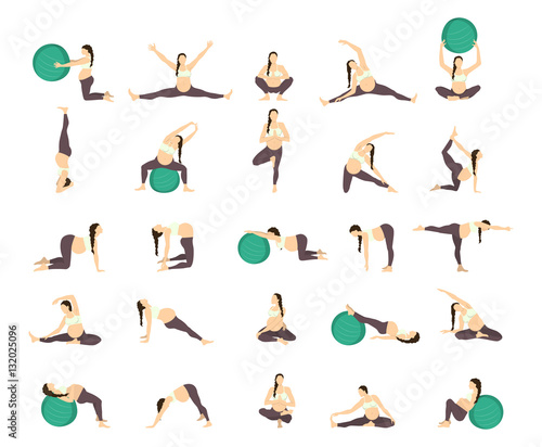 Fototapeta Naklejka Na Ścianę i Meble -  Workout for pregnant set. Exercises with fit ball. Yoga training.