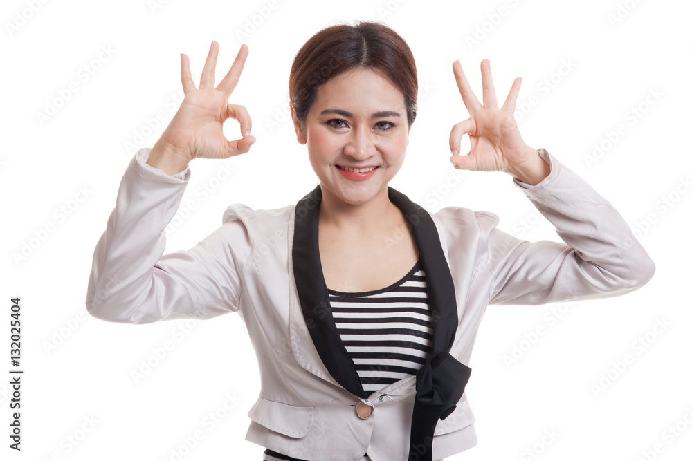 Asian business woman show double OK hand sign and smile. Asian business woman show double OK hand sign and smile.
