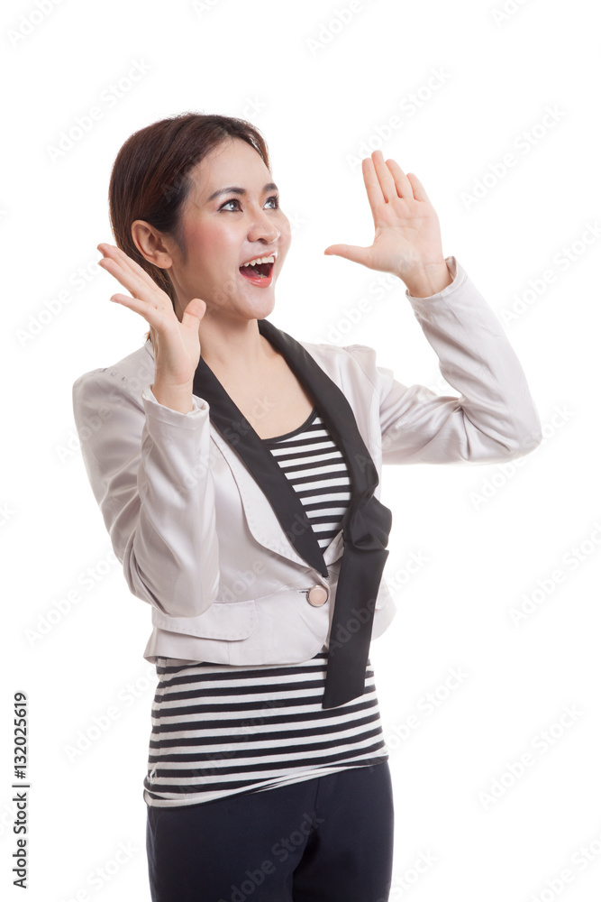 Excited young Asian business woman look up. Excited young Asian business woman look up.