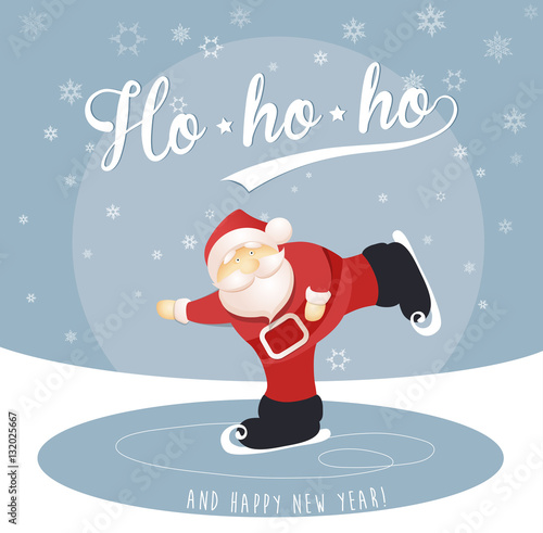 Merry Christmas and Happy New Year greeting card with ice skatin