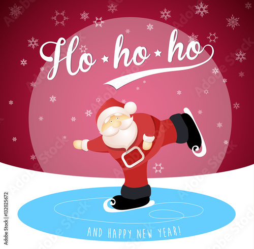 Merry Christmas and Happy New Year greeting card with ice skatin