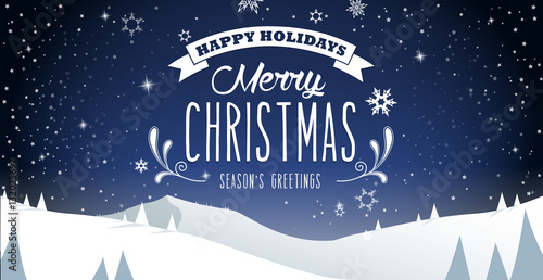 Winter mountain landscape scenery, Merry Christmas text with pin