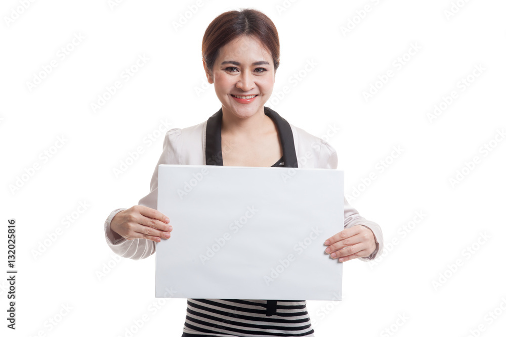 Young Asian business woman with white blank sign. Young Asian business woman with white blank sign.