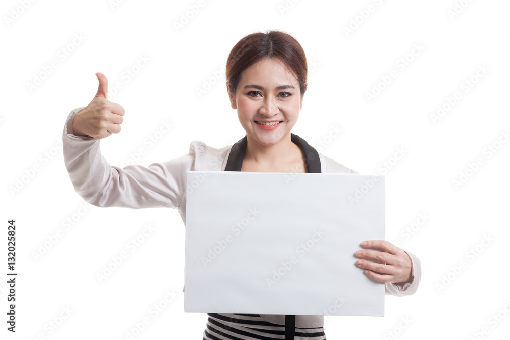 Young Asian business woman show thumbs up with white blank sign Young Asian business woman show thumbs up with white blank sign