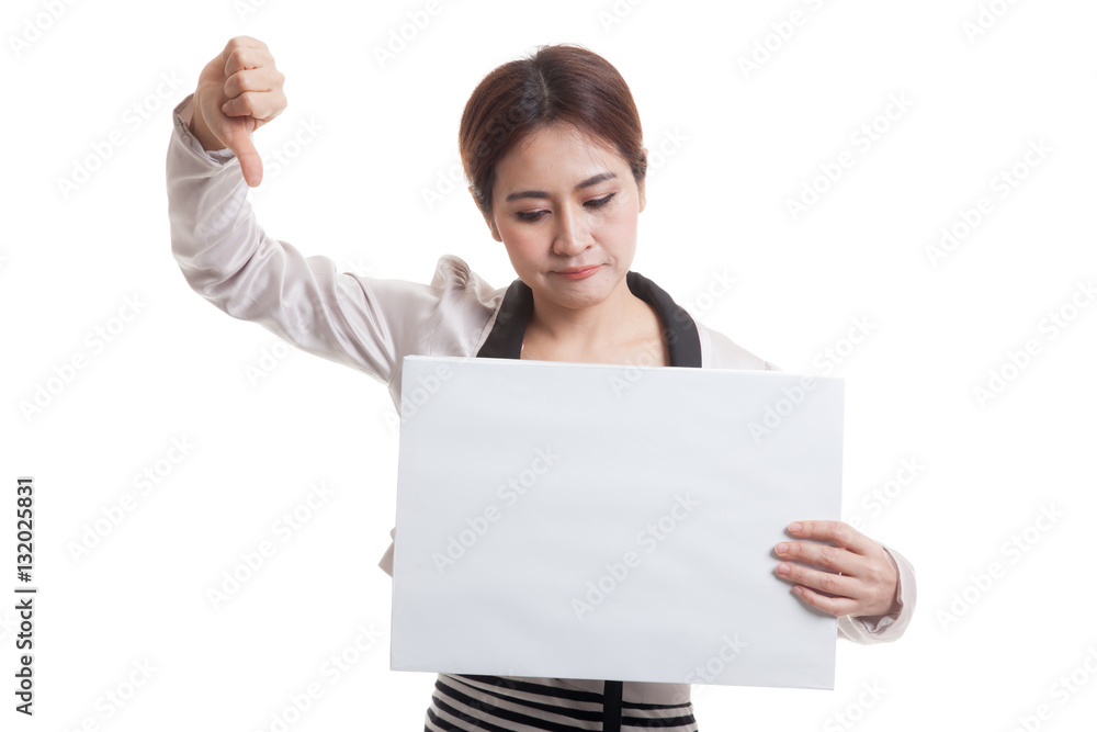 Young Asian business woman show thumbs down with white blank si Young Asian business woman show thumbs down with white blank si