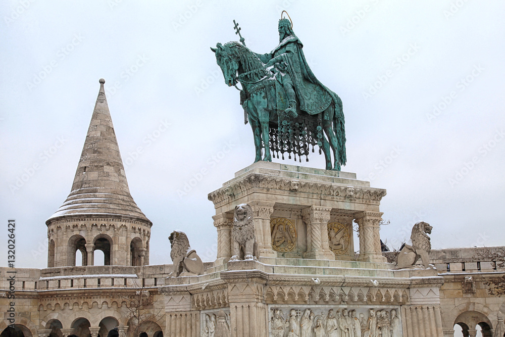 Saint Stephen monument in Fisherman's Bastion in Budapest, Hungary