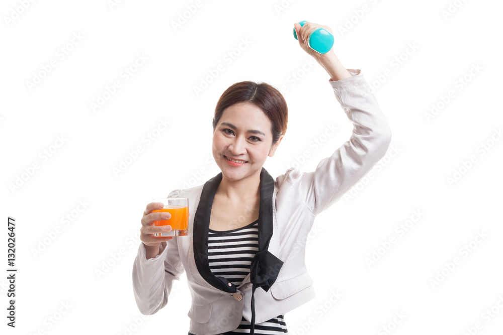 Young Asian woman with dumbbell drink orange juice. Young Asian woman with dumbbell drink orange juice.
