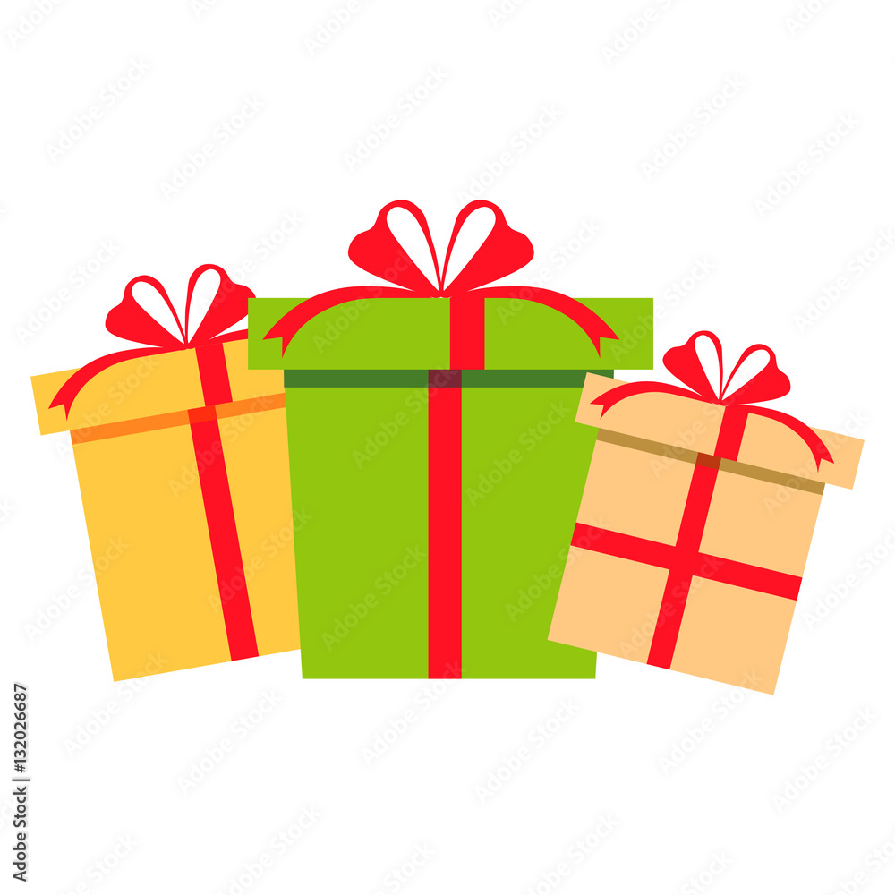Set of gifts boxes design set. Gift box present, ribbon and bow isolated on white. Gift box holiday christmas, box surprise for anniversary, birthday, xmas illustration. Vector in flat cartoon style Set of gifts boxes design set. Gift box present, ribbon and bow isolated on white. Gift box holiday christmas, box surprise for anniversary, birthday, xmas illustration. Vector in flat cartoon style