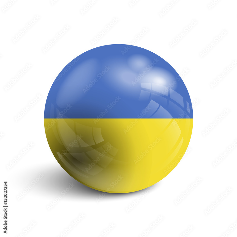 Realistic ball with flag of Ukraine. Sphere with a reflection of the incident light with shadow.