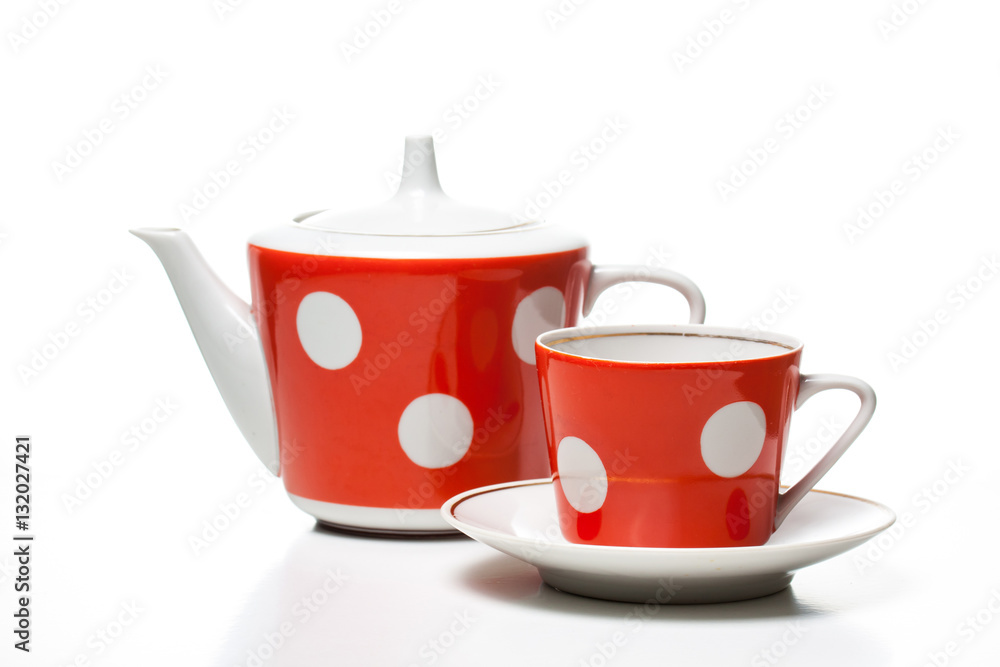 Ornamental tea set, cup with saucer and kettle., polka dots design.  Decorative wallpaper Stock Photo | Adobe Stock