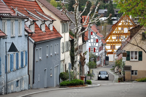 Street of Waiblingen with old half-timbered houses in perspective. Baden-Wurttemberg, Germany.
