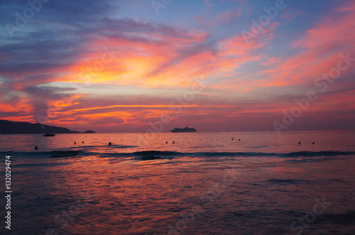 Seashore landscape red sunset on the beach