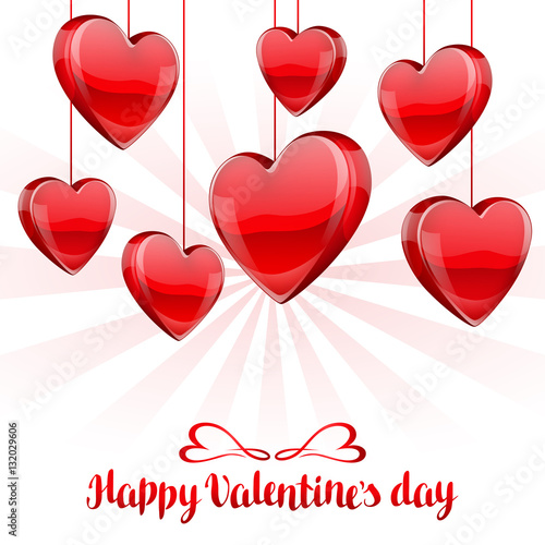 Fototapeta Naklejka Na Ścianę i Meble -  Happy Valentine day greeting card with red realistic hearts