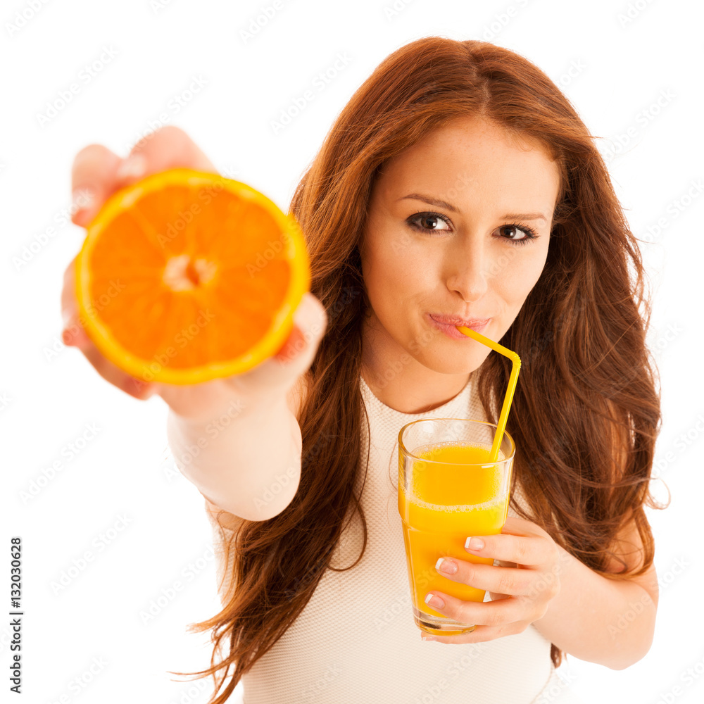 Woman drinking orange juice smiling showing oranges. Young beaut Woman drinking orange juice smiling showing oranges. Young beaut