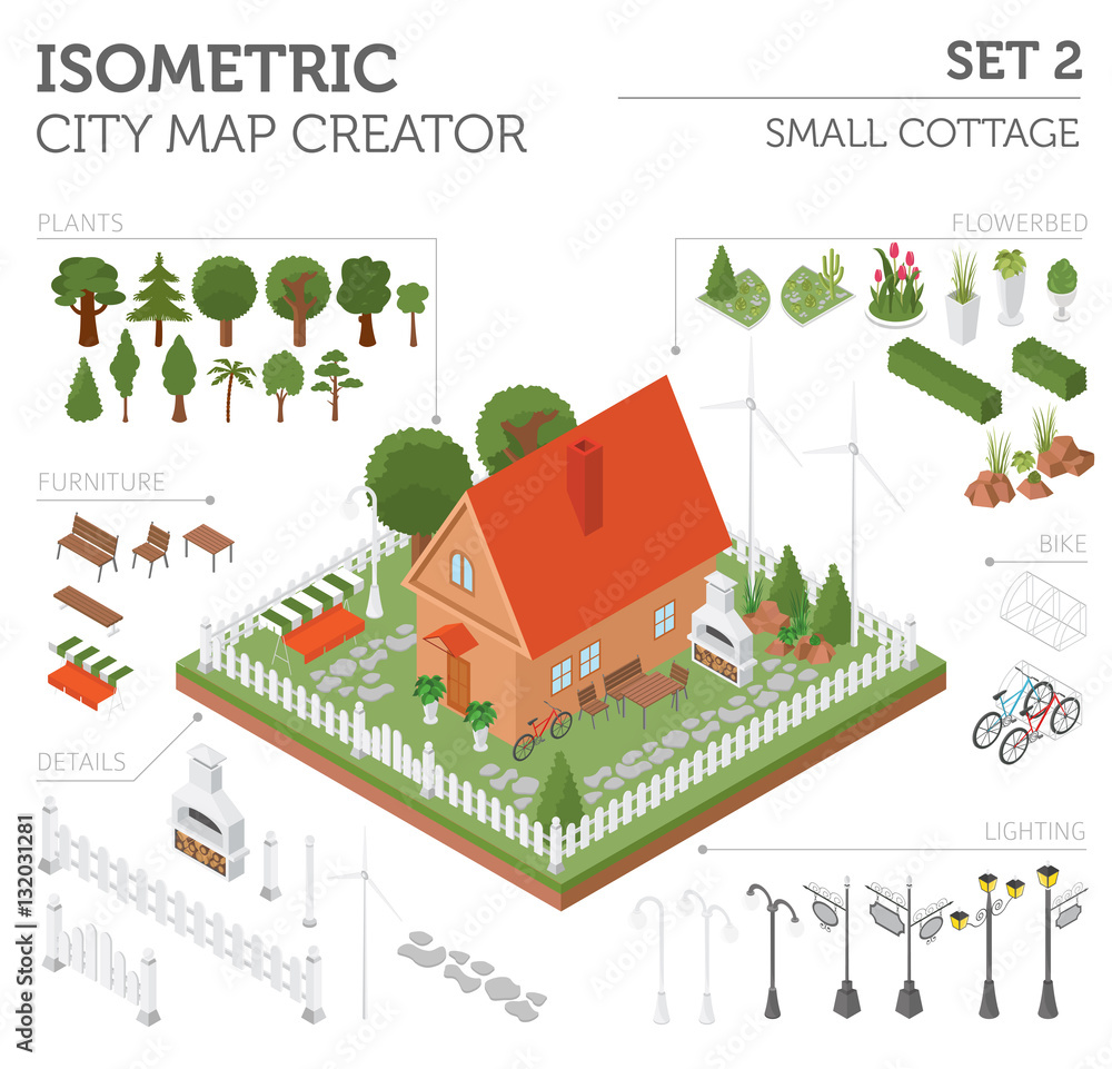 Flat 3d isometric house and city map constructor elements such a