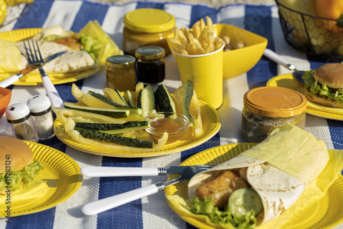 Summertime. A picnic on the beach. Burgers and pitas, vegetables