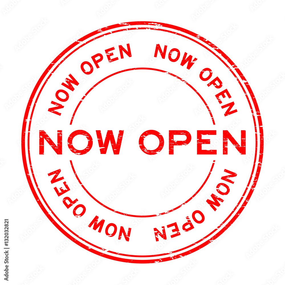 Grunge red now open round rubber stamp on white background Grunge red now open round rubber stamp on white background