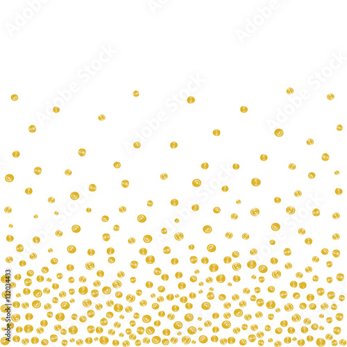 Abstract background of random falling golden dots on white. Hand drawn by markers confetti pattern. Suitable for textile, wrapping design, greeting cards etc. Vector eps8 illustration.