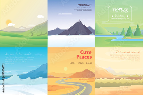 summer landscape set. mountains among the trees, vector illustration