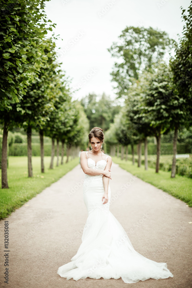 beautiful young bride standing in a park beautiful young bride standing in a park