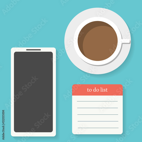 Business Workplace With Mobile Phone, Cup Of Coffee And Stickers
