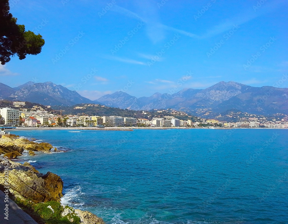 Beautiful view of the sea Menton (border town with Italy near Monaco), on French Riviera, Cote d'Azur, from Cap-Martin, France