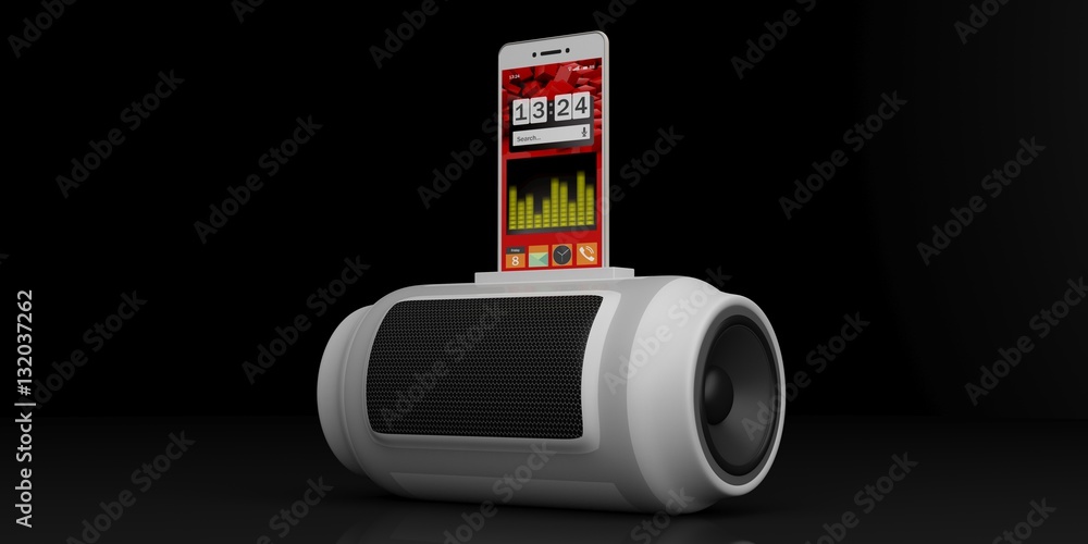 Naklejka premium Audio speaker box and smartphone on black background. 3d illustration