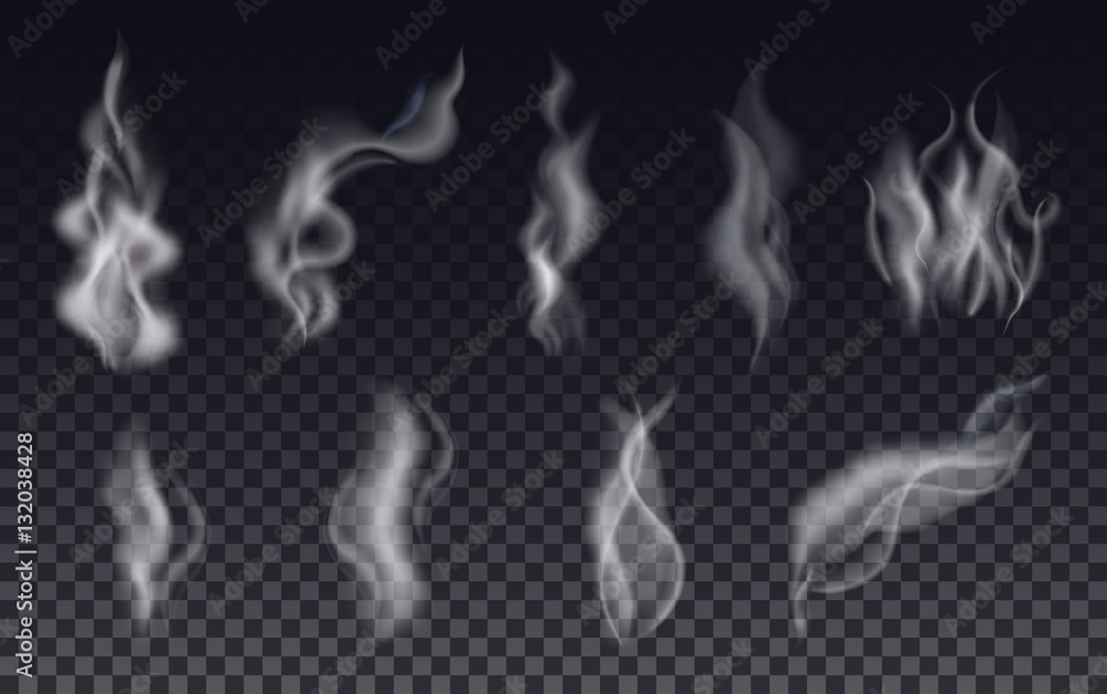 Realistic cigarette smoke waves or steam on transparent background. Realistic cigarette smoke waves or steam on transparent background.