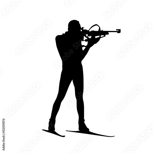 Biathlon athlete shoots standing, isolated vector silhouette