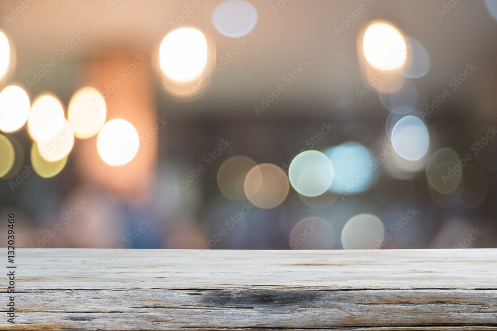Empty wooden table and blurred cafe background, product display Empty wooden table and blurred cafe background, product display