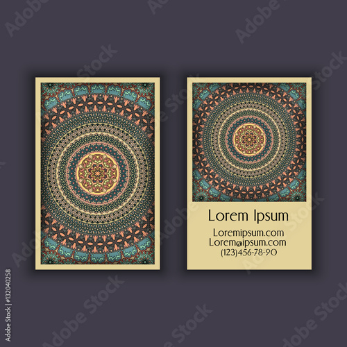 Vector vintage visiting card set. Floral mandala pattern and ornaments. Oriental design Layout. Islam  Arabic  Indian  ottoman motifs.
