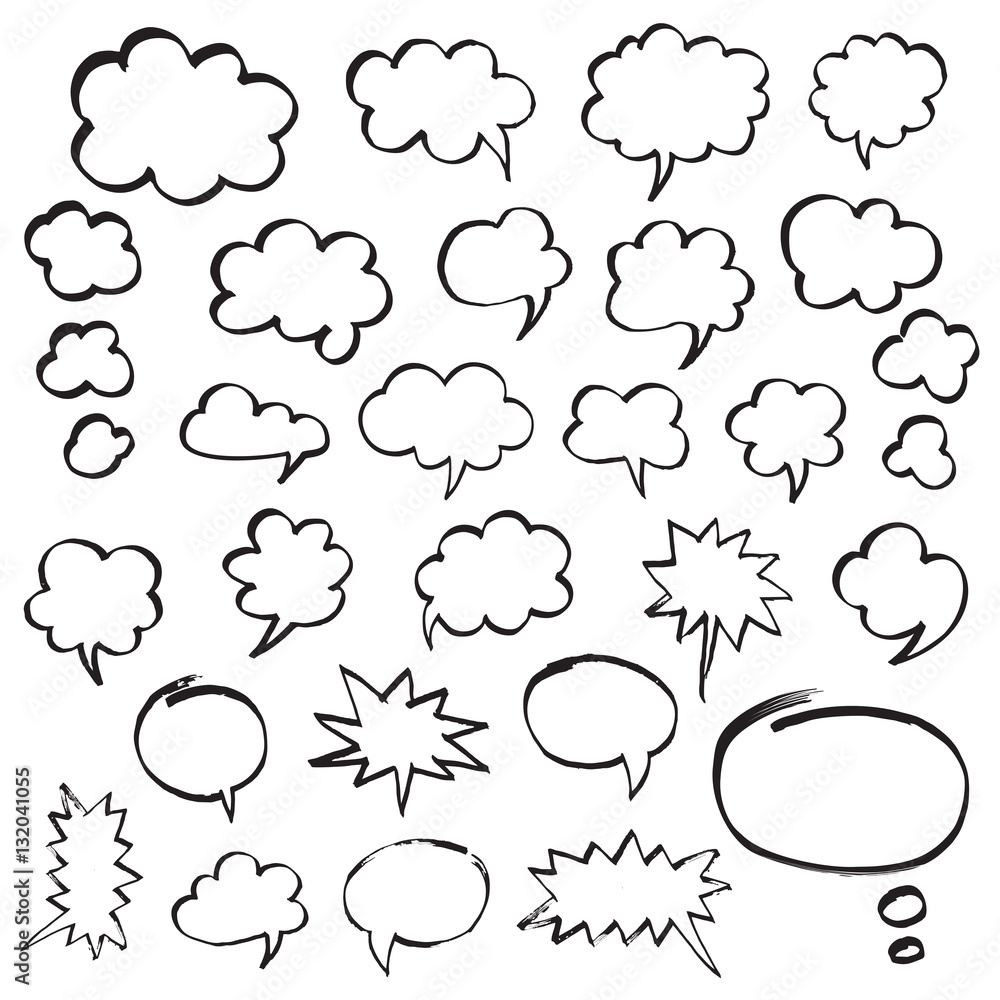 Set of speech bubbles and thought clouds. Black shapes isolated on white. Hand drawn by felt pen vector symbols in eps8. Set of speech bubbles and thought clouds. Black shapes isolated on white. Hand drawn by felt pen vector symbols in eps8.