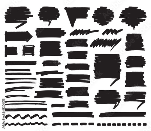 Set of black marker stripes, strokes, shaded speech bubbles and lines isolated on white. Hand drawn by felt pen vector symbols in eps8. photo