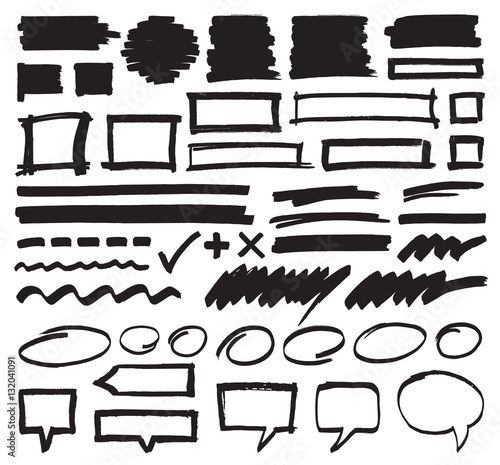 Set of hand drawn marker highlighter marks, stripes, frames, speech bubbles and strokes. Felt pen vector design elements in eps8 format.