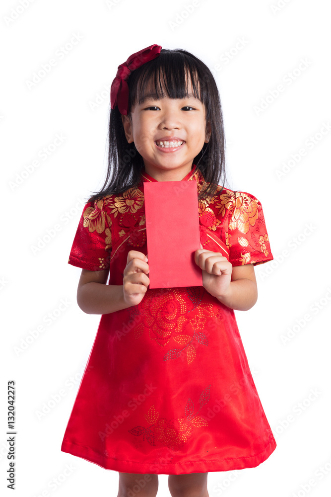 Happy Asian Chinese little wearing cheongsam and holding red env Happy Asian Chinese little wearing cheongsam and holding red env