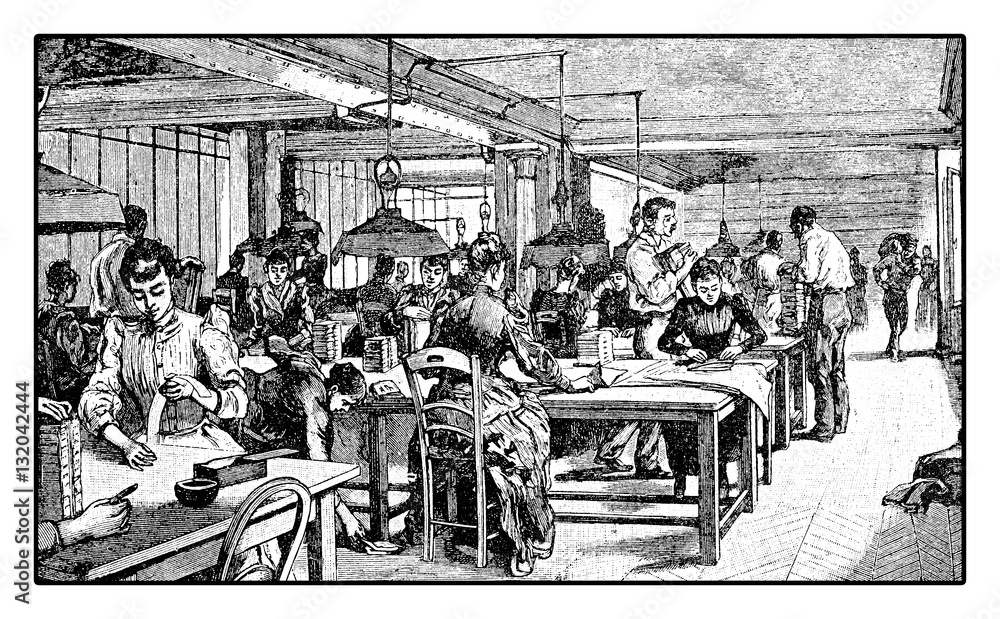 Women working in the shipping and delivery office of a newspaper, vintage engraving