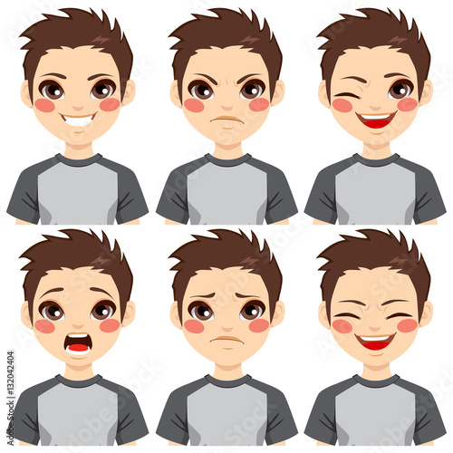 Teenage boy making six different face expressions set