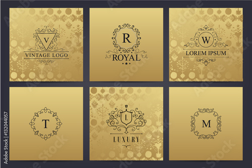 Vector set of golden cards with luxury logos  letters.