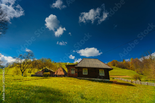Traditional wooden house green field rural landscape, Carpathian mountains. Ukraine. © stone36