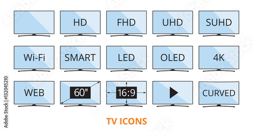 Modern TV icons in flat style with some technical parameters on blue color screens. LED smart television set symbols isolated on white background. Vector eps8 illustration.