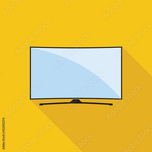 Modern curved TV icon in flat style. LED smart TV symbol isolated on yellow background. Vector eps8 illustration.