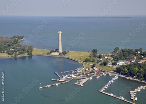 aerial view of Put in Bay's marina and Perry's Victory & International Peace Memorial, Kelley's Island in the far background; Put-in-Bay, South Bass island Ohio USA photo