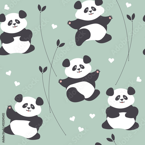 Fototapeta Naklejka Na Ścianę i Meble -  Childish seamless pattern with cute panda, hearts and plants